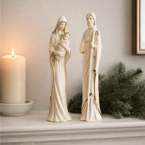 Vintage Holy Family Bisque Statues. Elegant Cream and Gold Figurine Set.